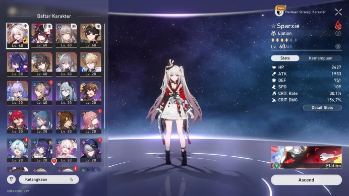 ASIA|TL 44|5 Limit|Elation Team Sparxie|Sparkle,DanHeng PT,Ruan Mei,Seele,etc|Check SS|MC Male|HSR274B
