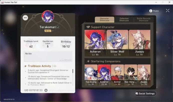 ASIA|TL 63|10 Limit|warp 20|Acheron+sign,Sparkle,Sparkle,Yao Guang,Jiaoqiu,Silverwolf,Archer,etc|Check SS|MC Female|HSR301B