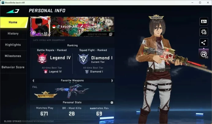 ASIA | EVO FAL-Evolved Draco | 4 Collab Skins | 13 Legendary Skins | 1 Malee Skins | Collab RAN-Mikasa |CEK SS BS705B