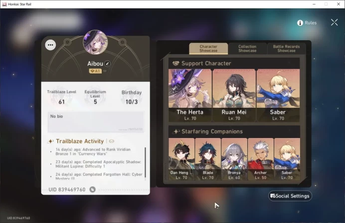 ASIA TL61|6 Lim|The Herta E1+Sign|Dan Heng PT|Ruan Mei|Saber|Archer|6.7k Jade|29 S Tix|Caelus|Detail Cek SS|HSR305B