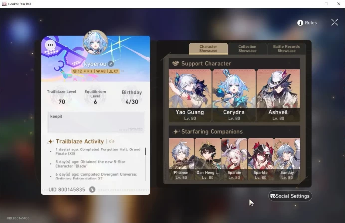 ASIA TL70|11 Lim|Yao Guang E2+Sign|Cerydra E1+Sign|Phainon+Sign|Sunday+Sign|Bronya E2|2.3k Jade|Detail Cek SS|HSR329B