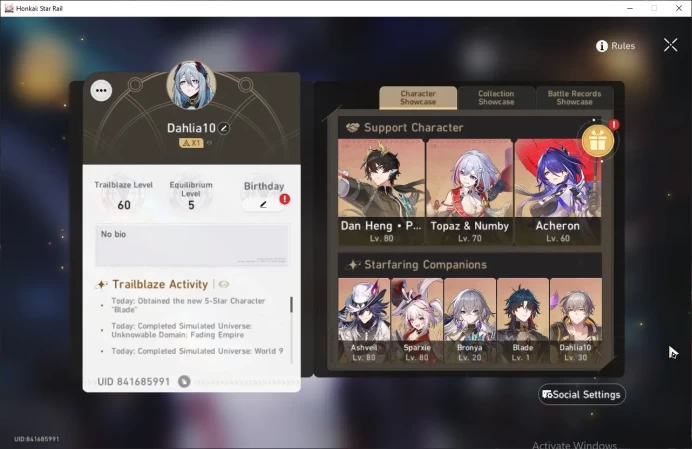 ASIA | TL60 | Mid Game | 6 Lim | Ashveil E3+LC, DanHeng PT, Sparxie, Topaz, Acheron | 25 Jade | Male MC | Detail SS | HSR350B