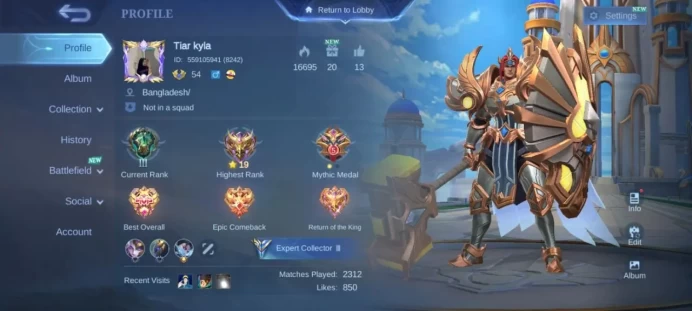 ML351 Mythic Level 54 99 Heroes 166 Skins 55% Winrate