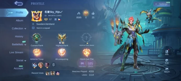 ML353 Mythic Level 57 86 Heroes 121 Skins 50% Winrate