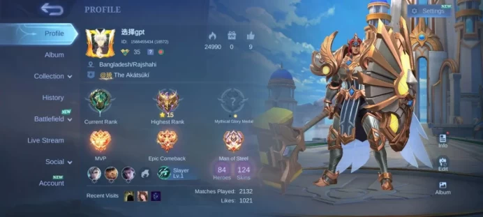 ML355 Mythic Level 35 84 Heroes 124 Skins 47% Winrate