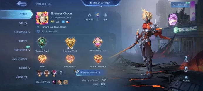 ML363 Mythic Level 38 58 Heroes 115 Skins 51% Winrate