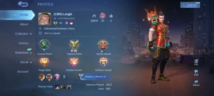 ML366 Mythic Level 48 66 Heroes 116 Skins 51% Winrate