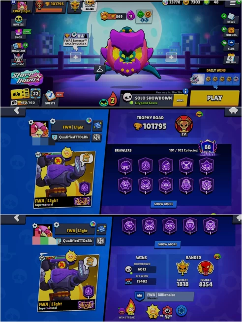 OP 2019 BS 101.7k TROPHY, SOLAR FAME 2, 88 PRESTIGE ,71 HYPER CHARGED,16 MAXED BRAWLERS,330 OP SKINS, 1017 PINS,528 PLAYER ICON,261 SPRAYS