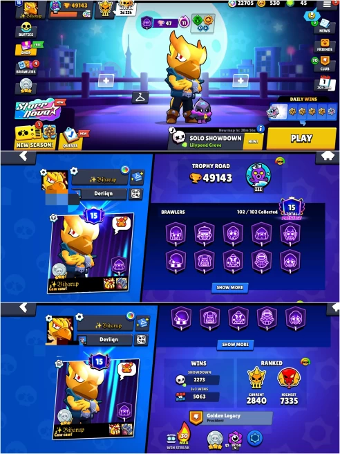 OP BS 49.1k TROPHY,102/102 MAXED,28 HYPER CHARGED,12 MAXED,270 OP SKINS [7 MYTHIC+5 LEGENDARY+3 HYPERCHARGED],650 PINS, 437 ICON,219 SPRAYS