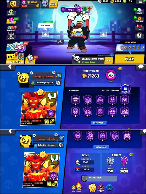 OP 2020 BS 71.2k TROPHY, SOLAR FAME 3,73 HYPER CHARGED, 12 MAXED BRAWLERS, 327 OP SKINS , 1068 PINS, 557 PLAYER ICON,287 SPRAYS