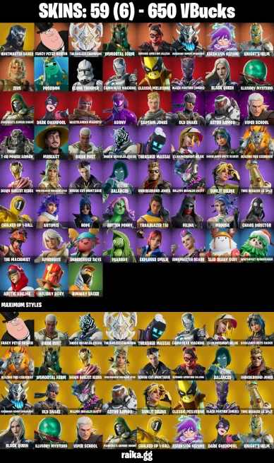 59 skins | Huntmaster Saber | Fancy Peter Griffin | The Ageless Champion | Immortal Form | Burning Ambition Valeria | A0001
