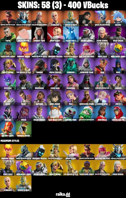58 skins | Eren Jaeger | Peter Griffin | Burning Ambition Valeria | Harbinger Armor Omegarok | Collector Kado Thorne | A0028