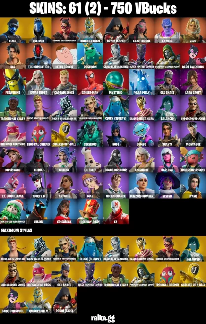 61 skins | Lara Croft | Peter Griffin | Spider-Man | Fixer | Sultura | Burning Ambition Valeria | Knight's Helm | A0042