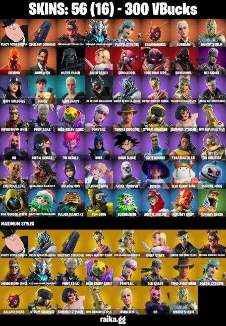 56 skins | John Wick | Skull Trooper | Fancy Peter Griffin | Solitary Defender | Burning Ambition Valeria | A0055