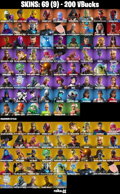 69 skins | Victor Elite | Subzero Cryptic | Heron Stance Hero | Combat Elite | Droopy | Ronin (Cape) | Knight's Helm | A0061