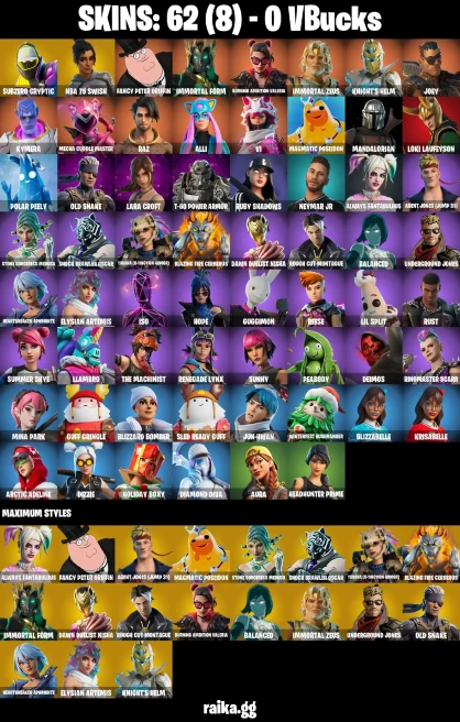 62 skins | Lara Croft | Mandalorian | Subzero Cryptic | NBA 75 Swish | Fancy Peter Griffin | Immortal Form | A0070