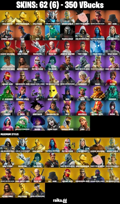 62 skins | Gold Midas | Gold Brutus | Mandalorian | Gold Meowscles | Harbinger Armor Omegarok | Knight's Helm | A0090