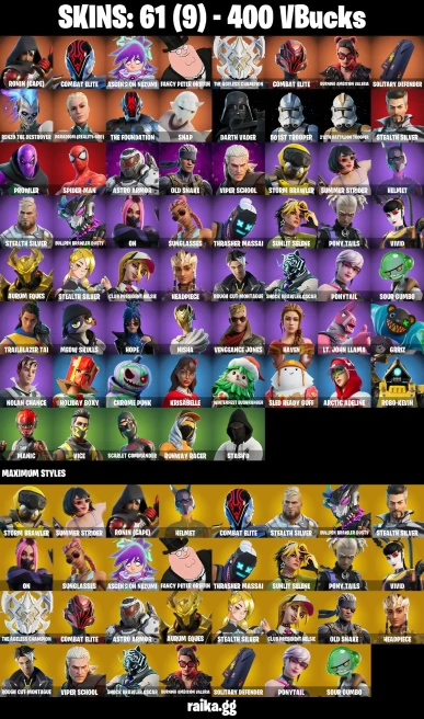 61 skins | Spider-Man | Ronin (Cape) | Combat Elite | Ascension Nezumi | Fancy Peter Griffin | The Ageless Champion | A0120