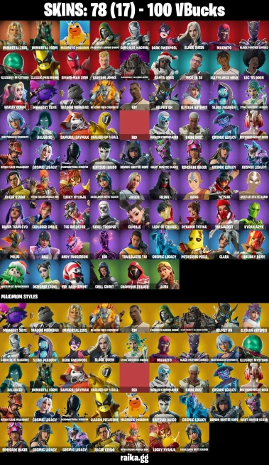 78 skins | Skull Trooper | Spider-Man Zero | Immortal Zeus | Immortal Form | Magmatic Poseidon | Pandora's Armor Doom | A0129