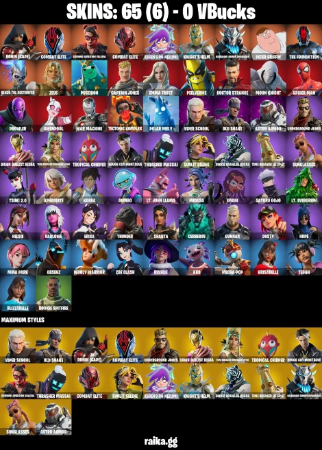 65 skins | Peter Griffin | Spider-Man | Ronin (Cape) | Combat Elite | Burning Ambition Valeria | Combat Elite | A0138