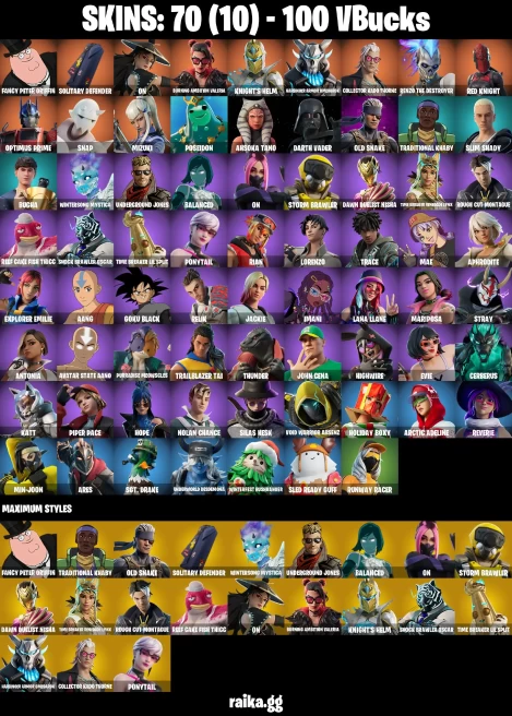70 skins | Mizuki | Fancy Peter Griffin | Solitary Defender | On | Burning Ambition Valeria | Knight's Helm | A0197