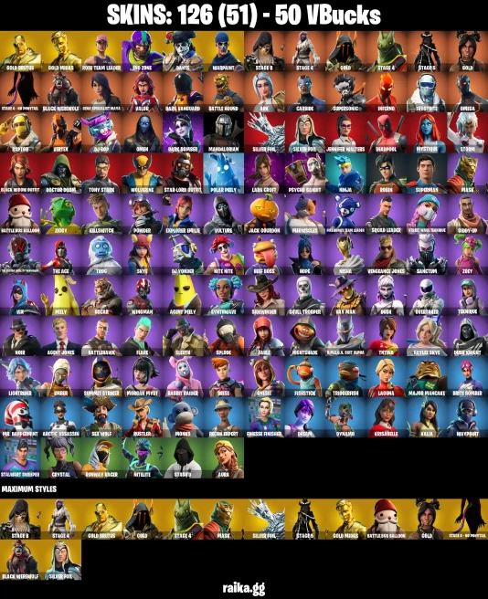126 skins | Psycho Bandit | Lara Croft | Skull Trooper | Gold Midas | Gold Brutus | Orange Justice | Mandalorian | A0213