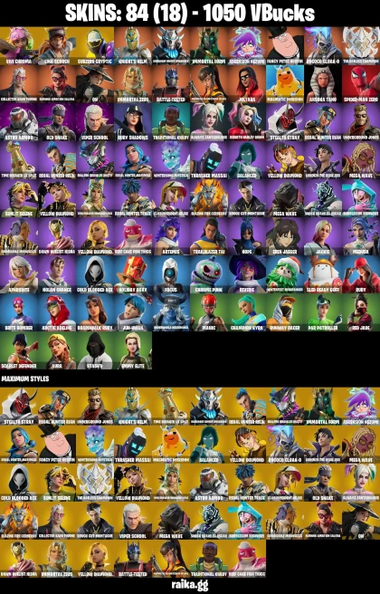 84 skins | Skull Trooper | Mandalorian | Candy Axe | Spider-Man | Challenger Menace - Flame | The Ageless Champion | A0218