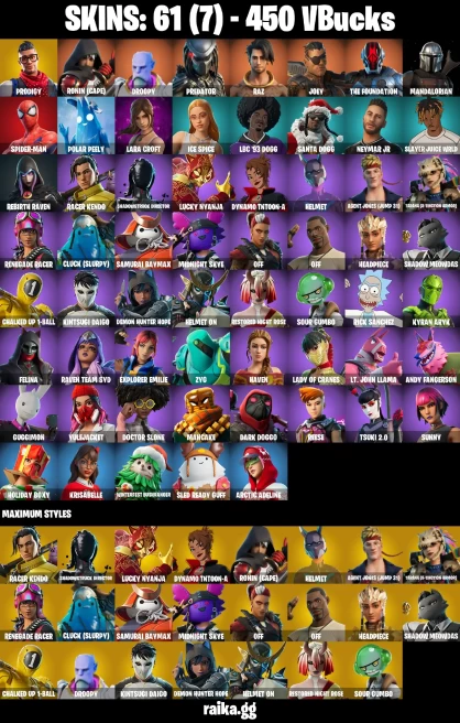 61 skins | John Wick | Spider-Man | Spider-Man Zero | Vivi Chroma | Lina Scorch | Subzero Cryptic | Knight's Helm | A0221