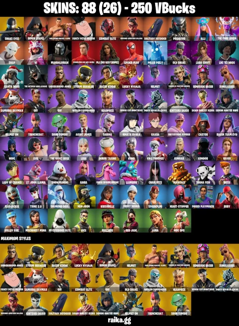 88 skins | Lara Croft | Gaara | Mandalorian | Spider-Man | Spider-Man (No Way Home) | Snake Eyes | Ronin (Cape) | A0232