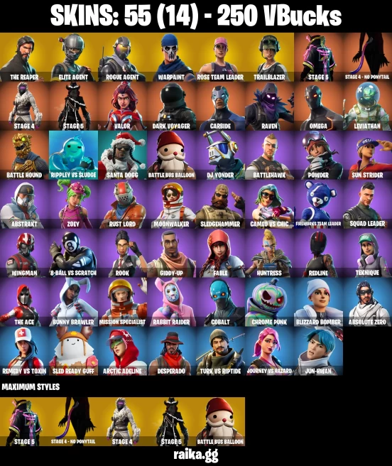 55 skins | The Reaper | Take The L | Orange Justice | Trailblazer | Elite Agent | Rogue Agent | Take The Elf | Hot Marat | A0238