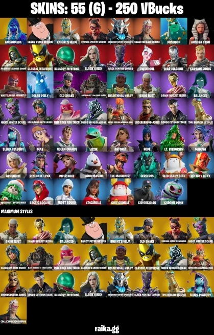 55 skins | Andromeda | Fancy Peter Griffin | Knight's Helm | Burning Ambition Valeria | Harbinger Armor Omegarok | A0381