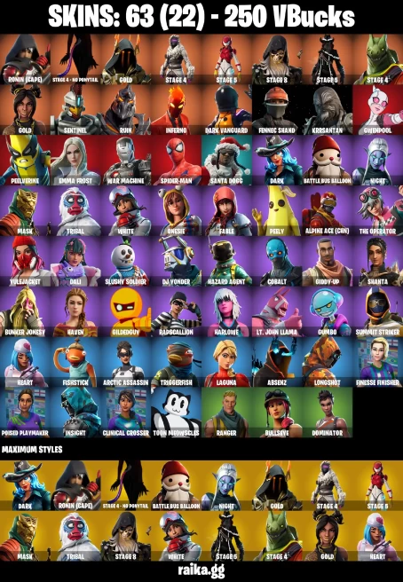 63 skins | Spider-Man | Take The Elf | Hot Marat | Ronin (Cape) | Stage 4 - NO PONYTAIL | Gold | Stage 4 | STAGE 5 | A0397