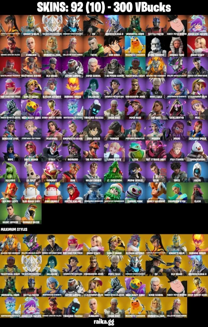 92 skins | Son Goku | Eren Jaeger | Magmatic Mizuki (Cover-up Off) | Knight's Helm | The Ageless Champion | A0439