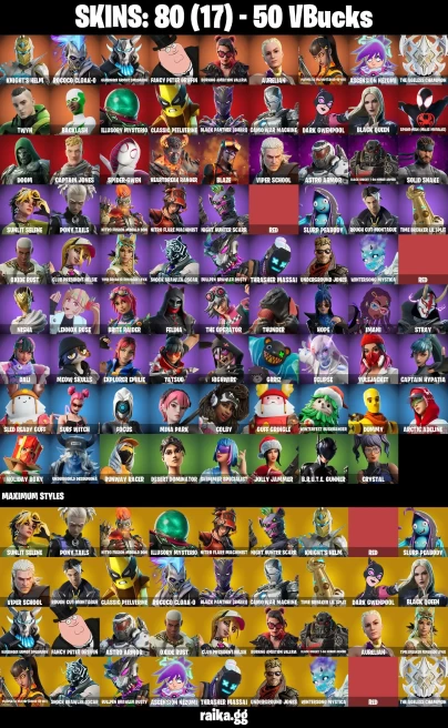 80 skins | Spider-Man (Miles Morales) | Spider-Gwen | Knight's Helm | Rococo Cloak-o | Harbinger Armor Omegarok | A0471
