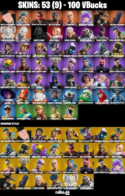 53 skins | Fancy Peter Griffin | Pastel Stryder | Burning Ambition Valeria | Battle-Tested | Aurelian | Ascension Nezumi | A0479