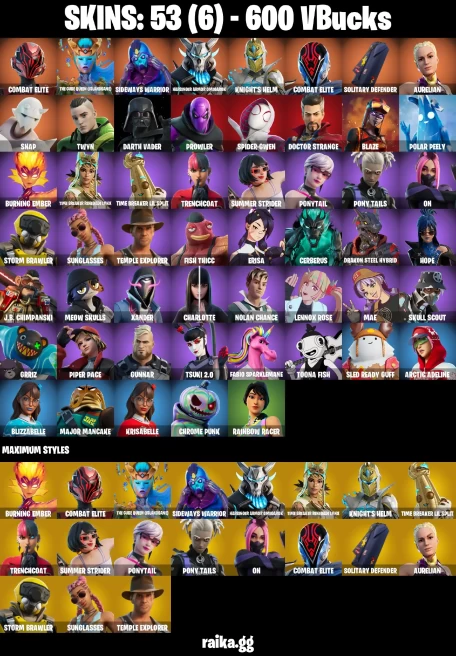 53 skins | Spider-Gwen | Combat Elite | The Cube Queen (Islandbane) | Sideways Warrior | Harbinger Armor Omegarok | A0512