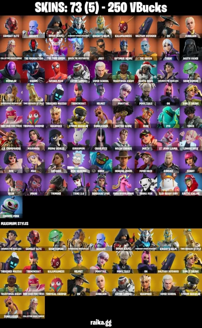 73 skins | Spider-Man | Combat Elite | Droopy | Ronin (Cape) | Harbinger Armor Omegarok | Knight's Helm | Kalamadness | A0517