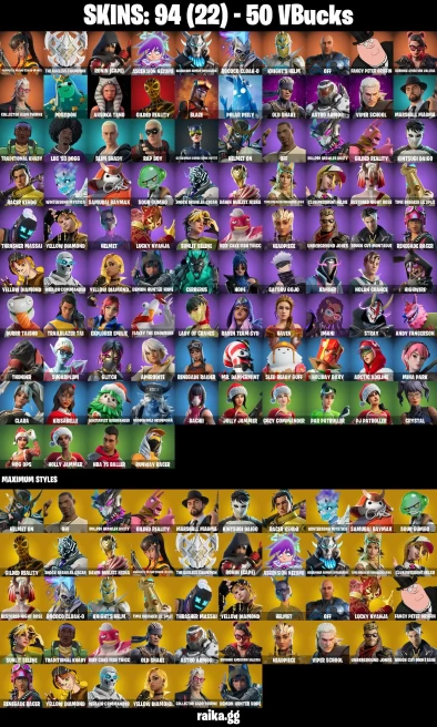 94 skins | Renegade Raider | Candy Axe | Magmatic Mizuki (Cover-up Off) | The Ageless Champion | Ronin (Cape) | A0548