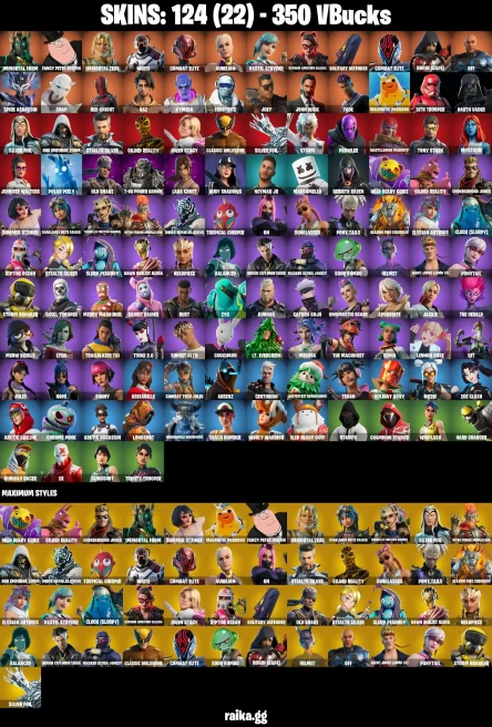 124 skins | John Wick | Lara Croft | Skull Trooper | Immortal Form | Fancy Peter Griffin | Immortal Zeus | WHITE | A0572