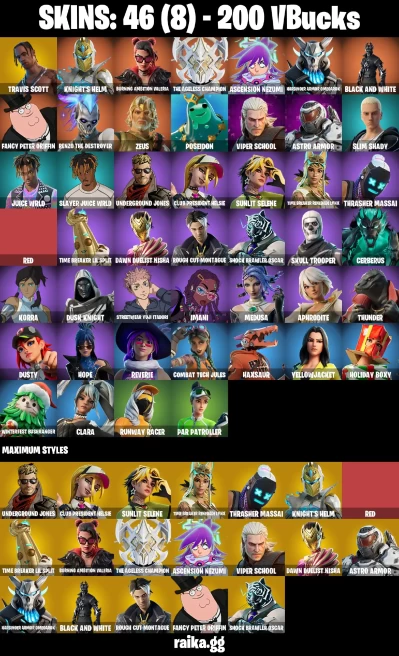 46 skins | Travis Scott | Skull Trooper | Knight's Helm | Burning Ambition Valeria | The Ageless Champion | A0590