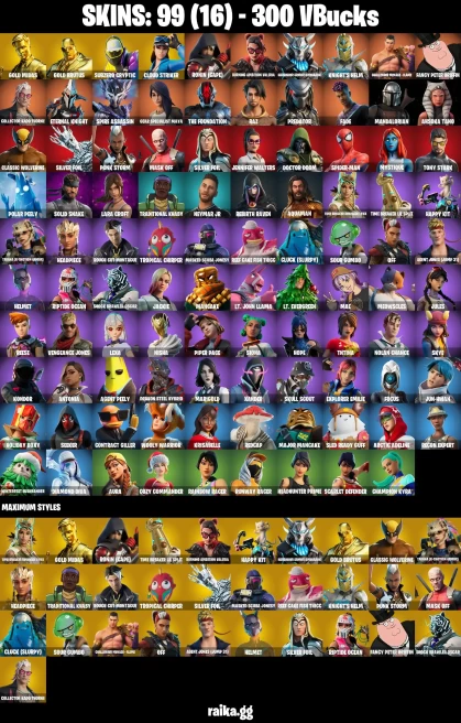 99 skins | Lara Croft | Gold Midas | Gold Brutus | Mandalorian | Spider-Man | Subzero Cryptic | Cloud Striker | A0599