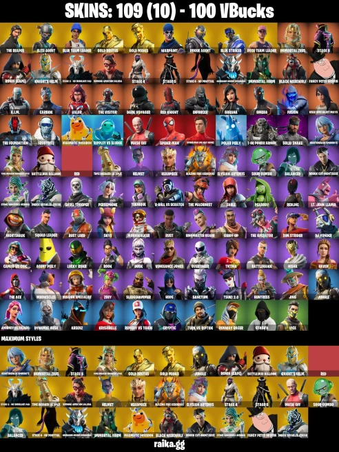 109 skins | The Reaper | Take The L | Skull Trooper | Gold Midas | Gold Brutus | Orange Justice | Elite Agent | A0601