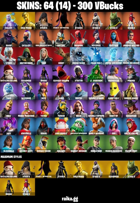 64 skins | Galaxy | Astroworld Cyclone | Gold Midas | Take The Elf | STAGE 8 | Stage 4 - NO PONYTAIL | STAGE 5 | Stage 4 | A0655