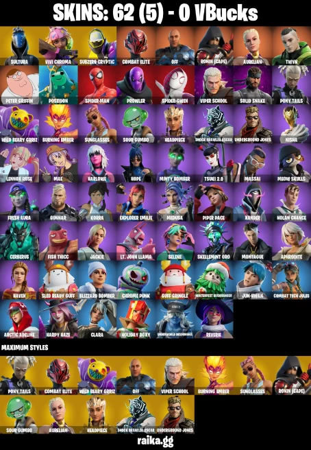 62 skins | Peter Griffin | Spider-Man | Spider-Gwen | Sultura | Vivi Chroma | Subzero Cryptic | Combat Elite | off | A0661