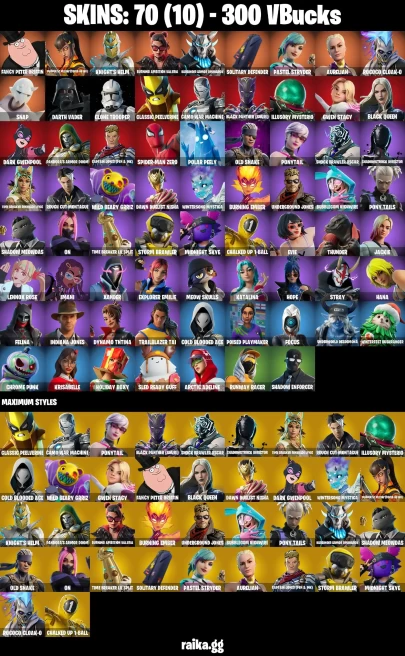 70 skins | Spider-Man Zero | Fancy Peter Griffin | Magmatic Mizuki (Cover-up Off) | Knight's Helm | A0681