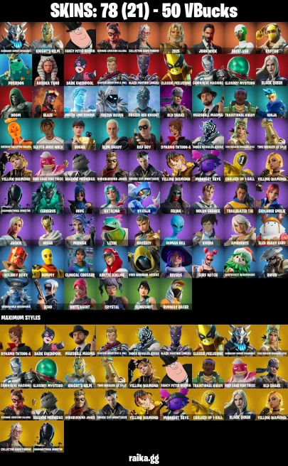 78 skins | John Wick | Harbinger Armor Omegarok | Knight's Helm | Fancy Peter Griffin | Burning Ambition Valeria | A0684