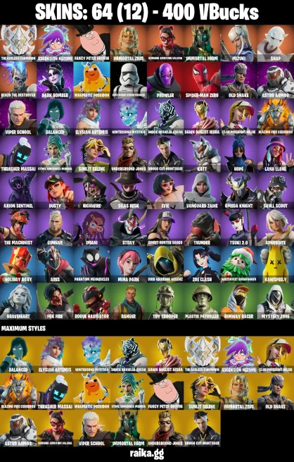 64 skins | Mizuki | Spider-Man Zero | The Ageless Champion | Ascension Nezumi | Fancy Peter Griffin | Immortal Zeus | A0688