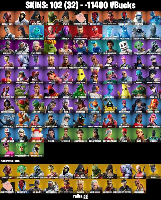 102 skins | Chun-Li | Astroworld Cyclone | Spider-Man | Take The Elf | Hot Marat | Combat Elite | XEV | Ronin (Cape) | A0690