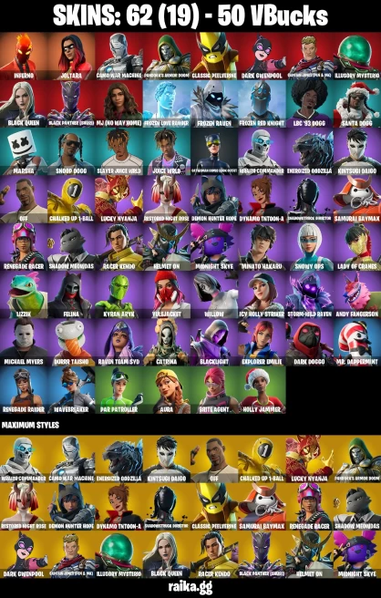 62 skins | Renegade Raider | Joltara | Inferno | Camo War Machine | Pandora's Armor Doom | Classic Peelverine | A0695