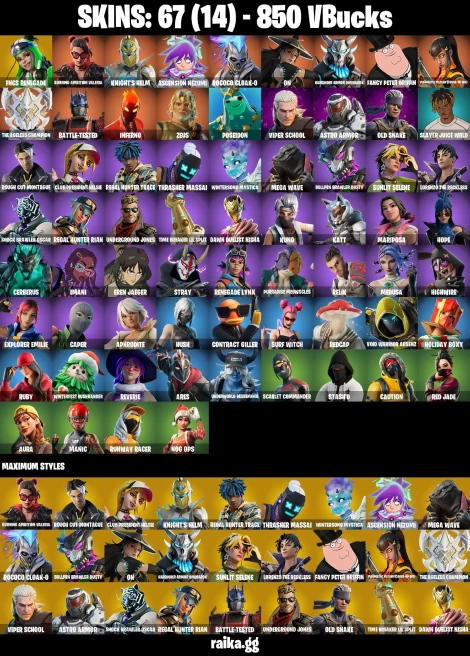 67 skins | Eren Jaeger | FNCS Renegade | Burning Ambition Valeria | Knight's Helm | Ascension Nezumi | Rococo Cloak-o | A0716